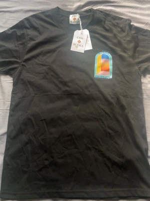 Svart t-shirt från Casablanca med färggrafik - Svart t-shirt från Casablanca med stor färgglad grafik på ryggen och mindre tryck på bröstet. Motivet har blå, gul, orange och rosa toner i en stiliserad båge. Rund hals och korta ärmar, tillverkad i mjuk bomull. Perfekt för dig som gillar statement-plagg och snygga prints.