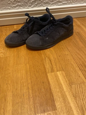 Mörkblå mocka sneakers från Polo Ralph Lauren - Snygga mörkblå sneakers från Polo Ralph Lauren i mocka med klassisk snörning och diskret logga på sidan. Skorna har en låg profil och platt sula, perfekt för en stilren look. Polo-märket syns även på sulan.