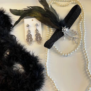 20-tal accessoarer  - Säljer 20-tal accessoarer perfekt för en halloween look! Det är ett långt pärlhalsband, ett par glittriga silverfärgade örhängen med vintagekänsla, ett hårband med fjädrar och en svart boa. Perfekt för dig som vill sticka ut med eleganta accessoarer.