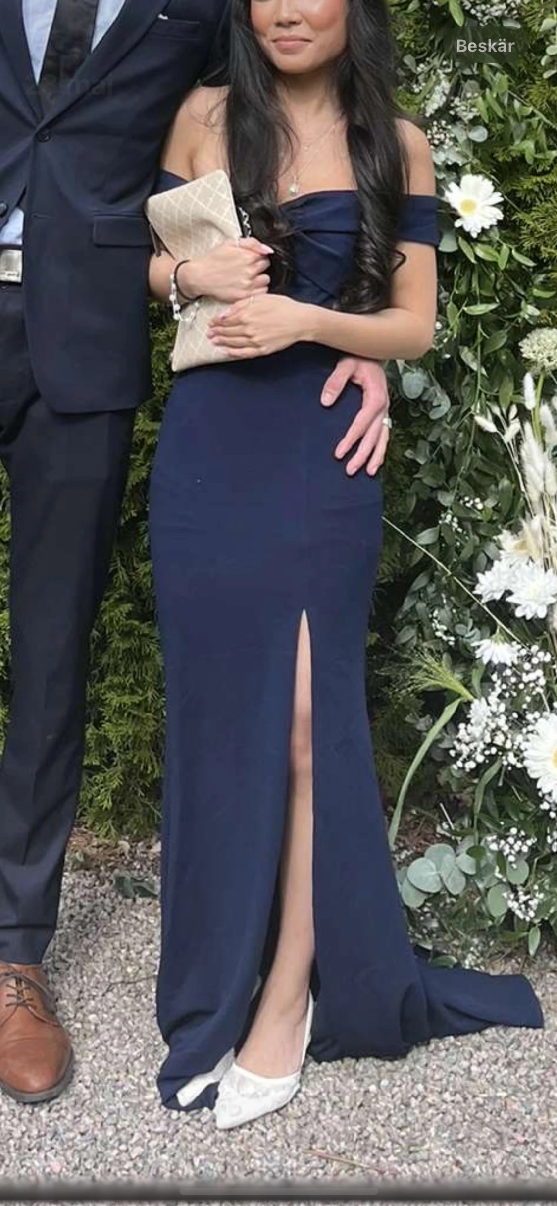 Marinblå offshoulder långklänning - 1