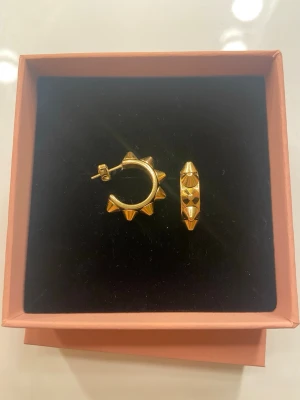Guldiga örhängen med nitar från Edblad - Säljer ett par oanvända chunky guldiga örhängen från Edblad med coola nitdetaljer runt hela ringen. Säljer pga att jag bytte till silver efter jag fick dessa i julklapp med ett silvrigt pandoraarmband🩷. Perfekta för dig som gillar Stockholmsstilen!💗
