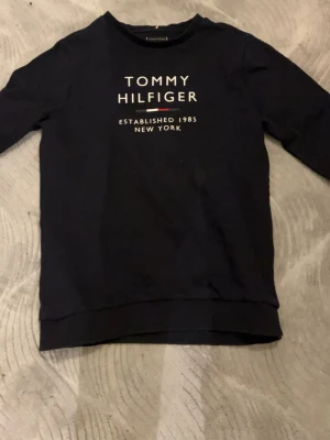 Svart tröja från Tommy Hilfiger - Svart långärmad tröja från Tommy Hilfiger med vit logga och text på bröstet. Klassisk rund halsringning och mjukt material som känns skönt mot huden. Perfekt för dig som gillar stilrena och enkla plagg med tydlig branding.