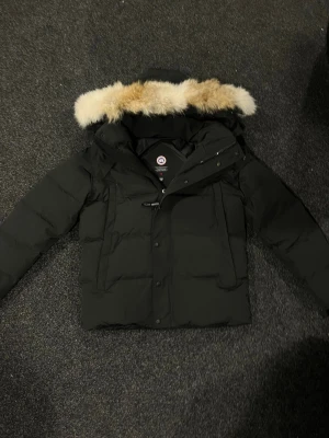 Svart dunjacka från Canada Goose - Säljer en svart dunjacka från Canada Goose med fluffig beige päls på huvan. Jackan har dragkedja och knappar framtill, två stora fickor och en varm, quiltad design. Perfekt för kalla vinterdagar och har en klassisk look med långärmade ärmar.