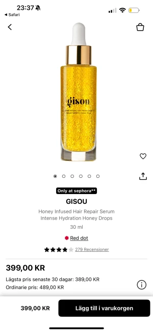 Gisou Honey Infused Hair Repair Serum - Gisou Honey Infused Hair Repair Serum i en lyxig glasflaska med guldig pipett. Serumet är gyllengult och innehåller små bubblor, perfekt för att ge intensiv återfuktning till håret. Flaskan rymmer 30 ml och har en elegant design med gulddetaljer.cirka halva kvar 