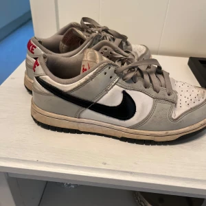 Nike Dunk Low i grått och vitt - Nike Dunk Low sneakers i grått och vitt med svart swoosh och röda Nike-detaljer på hälen. Tvättas innan utskick 