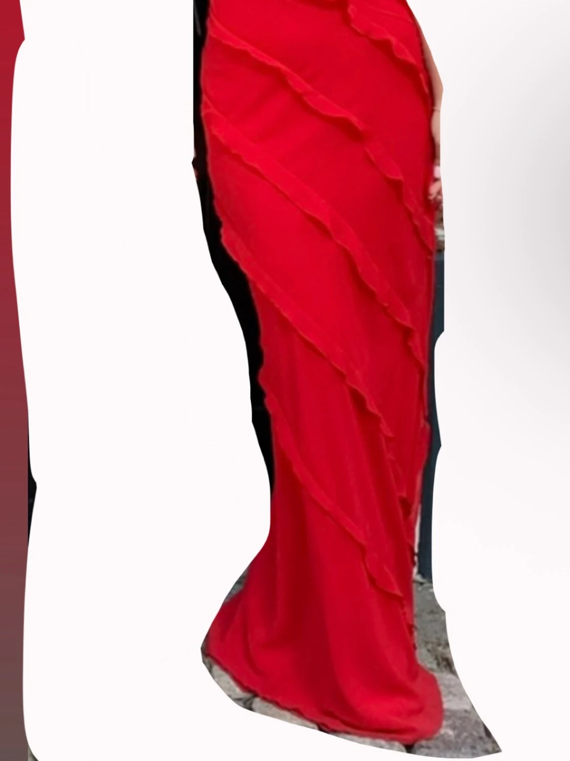 Röd långklänning med volanger från Mango