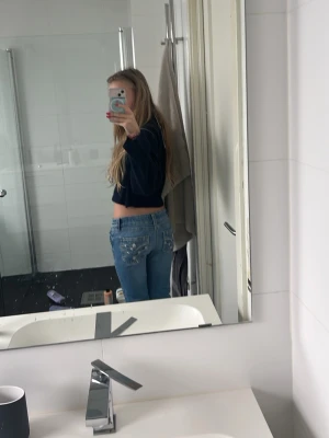 Ljusblå jeans med broderi - Säljer ett par ljusblå jeans med snyggt broderi på bakfickorna. Jeansen har en klassisk femficksmodell och normal passform. Perfekta för dig som vill ha en chill och stilren look.