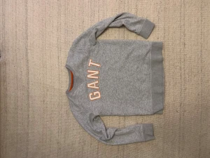 Grå sweatshirt från GANT - Säljer en stilren grå sweatshirt från GANT med tryckt logga i vitt och orange framtill. Tröjan har rund halsringning med orange detalj på insidan och långa ärmar med muddar. Perfekt för en avslappnad och sportig look.