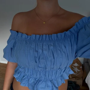 Blå topp från Zara  - Supersöt blå offshoulder blus med puffiga korta ärmar. Toppen har resår vid axlar och midja för en snygg passform och är croppad. Från Zara i storlek s, endast använd 1 gång. 