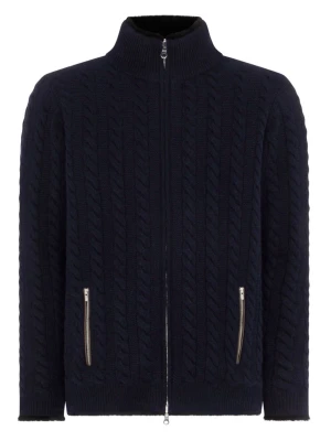 N.Peal jacka  - Exklusiv mörkblå kabelstickad Jacka från N.Peal med dragkedja framtill och två fickor med silverfärgade dragkedjor. Insidan har mjukt foder längs kragen för extra komfort. Perfekt för dig som gillar stilrena och lyxiga plagg.