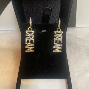 Glittriga örhängen med texten DREAM - Snygga örhängen i guld med ordet DREAM i stora bokstäver, täckta av glittrande stenar. Hängande modell som verkligen sticker ut och ger en cool vibe. Perfekta för dig som vill ha något unikt och trendigt i smyckeslådan. Rostfri 