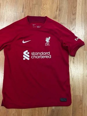 Liverpool FC Nike fotbollströja XL - Röd Liverpool FC matchtröja från Nike i storlek XL, tillverkad i Dri-FIT polyester. Tröjan har vita tryck med klubbmärke, Nike-logga och sponsor på framsidan samt korta ärmar och rund hals. Perfekt för dig som älskar fotboll och vill ha en snygg supportertröja.