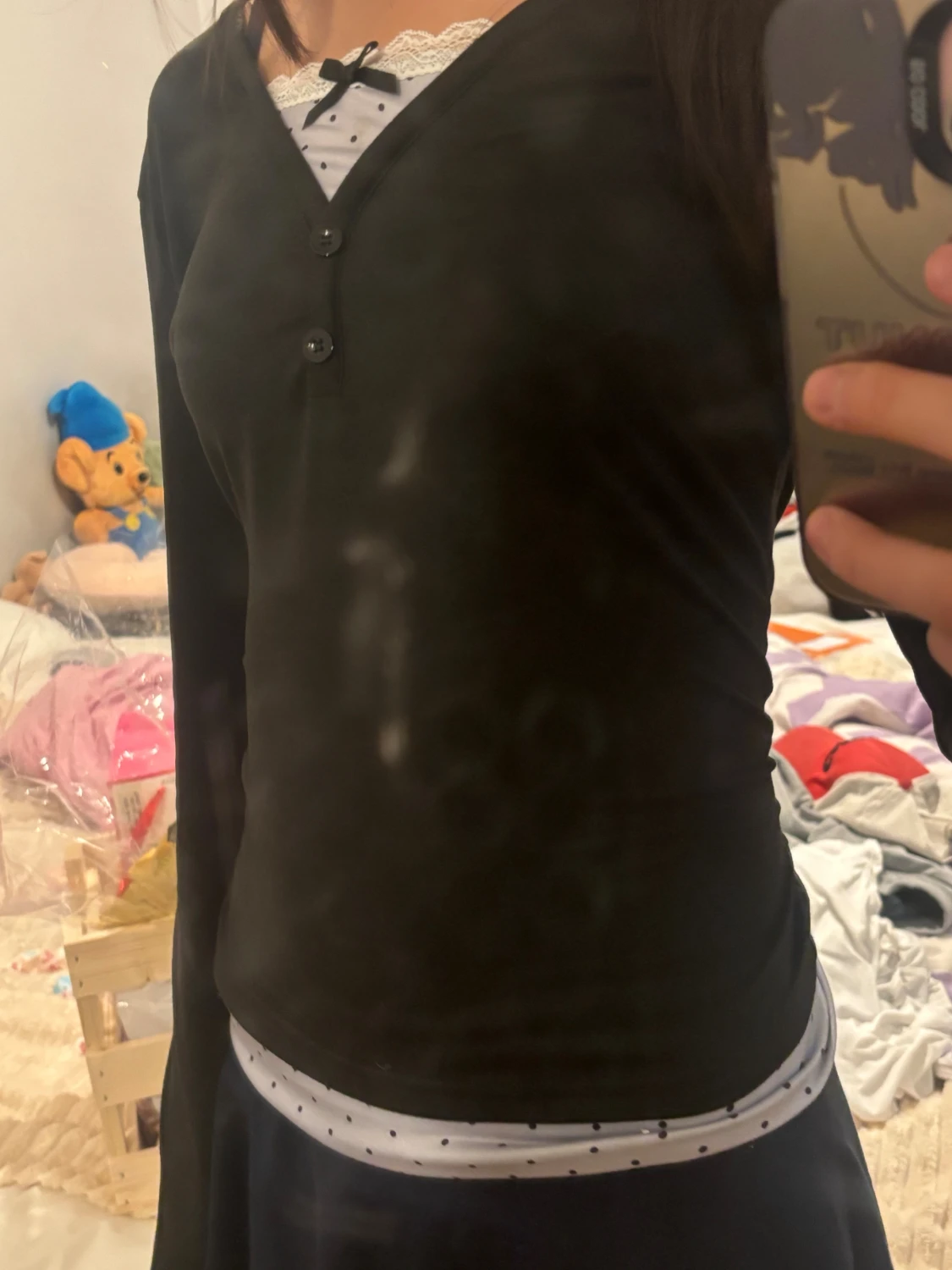 Svart långärmad topp med prickigt linne - 2