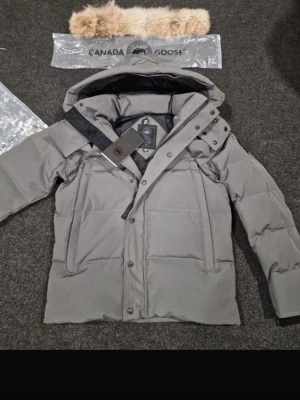 Grå Canada Goose dunjacka med päls - Säljer en grå dunjacka från Canada Goose med avtagbar pälsdetalj till huvan. Jackan har klassisk patch på ärmen, dragkedja och knappar framtill samt stora fickor. Perfekt för kalla dagar och riktigt snygg till vinterlooken.