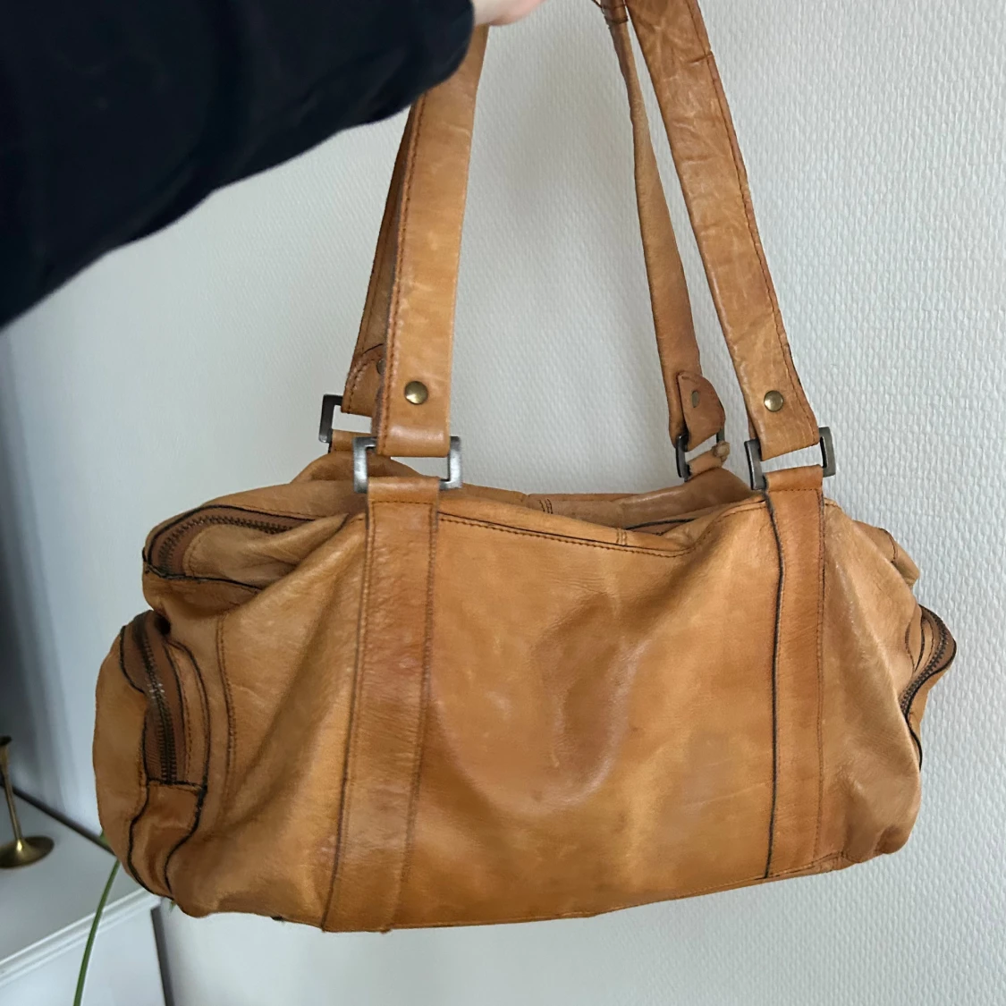 Handväska cognac äkta läder vintage y2k - 1