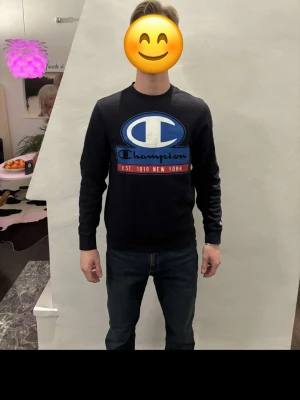 Svart Champion sweatshirt med tryck - Svart sweatshirt från Champion i storlek S med stort blått och vitt logotryck på bröstet och röd detalj. Tröjan har långärmad passform, ribbade muddar och rund hals. Perfekt för dig som gillar streetwear och sportig stil. Modellen är 175 cm, vikt 68 kg