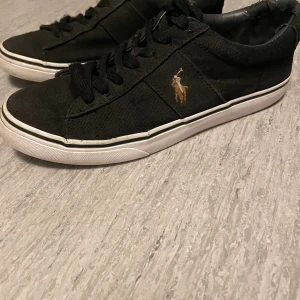 Svarta Polo Ralph Lauren sneakers - Svarta sneakers från Polo Ralph Lauren med klassisk snörning och vit platt sula. Skorna har en broderad logga i guld på sidan och är tillverkade i canvas med detaljer i syntet. Lite sönder i sulan men inget som märks när man bär dom, skriv vid funderingar! Ny p. 1000