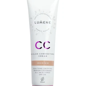 Lumene CC Cream Medium - Lumene CC Color Correcting Cream i nyansen Medium jämnar ut hudtonen och ger en naturlig finish. Tuben är vit med lila och beige detaljer. Ger medium täckning, passar alla hudtyper och innehåller SPF 20. Vegansk formula. Den har aldrig kommit till användning så färdas säljer jag den 