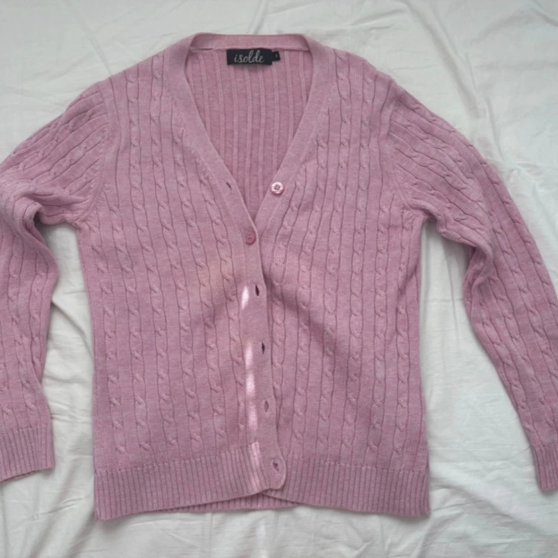 Ljusrosa kabelstickad kofta Isolde - 4