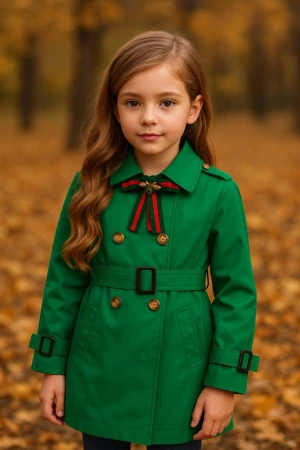 Gucci trenchcoat med bälte och rosett - Snygg trenchcoat från Gucci i grönt, marinblått och beige. Jackan har dubbelknäppning med guldknappar, bälte i midjan och detaljer vid ärmslut. Kragen pryds av en rosett med bi-emblem. Materialet är polyester och bomull, perfekt för höst och vår.2 4 6 8 10 12 years avalible