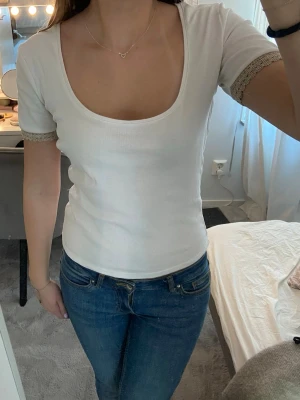 Vit tröja - Säljer en snygg vit t-shirt med guld detalj på armarna från Zara i storlek S. Fint skick, inga defekter