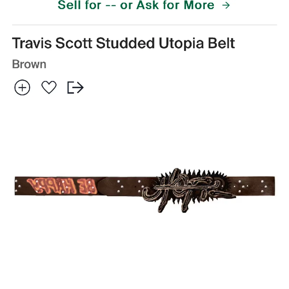 Säljer nu detta grymma bälte från TRAVIS SCOTT som släpptes i samband med hans senaste album ’UTOPIA’. Bältet är limiterat och väldigt efterfrågat, som ni ser på bilden ovan ligger det ute för över 20000kr på stockx just nu.  (Bältet är oöppnat). Accessoarer.