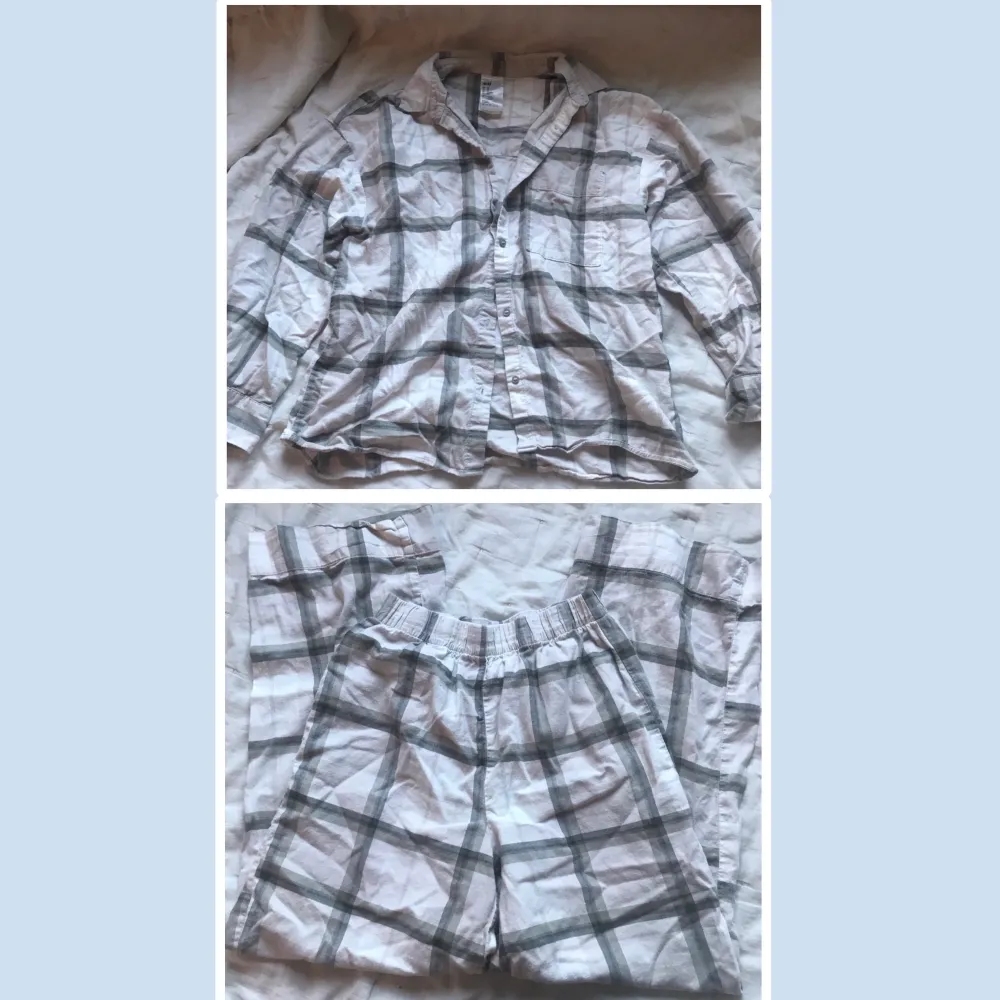 Säljer  ett gulligt pyjamas set. Har använts ett par ggr. På 2a och 3e bilden syns små fläckar på både tröjan o byxorna, men den syns knappt. Det är storlek XS på både tröjan och byxorna men skulle säga att det passar S med. . Jeans & Byxor.
