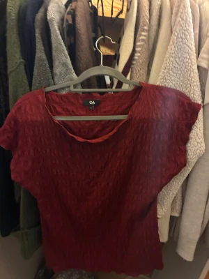 Röd topp från C&A med struktur - Säljer en röd topp från C&A i storlek M. Toppen har en snygg strukturerad yta, korta ärmar och rund halsringning. Materialet känns lätt och luftigt, perfekt för varmare dagar. Enkel men ändå unik med sin textur.