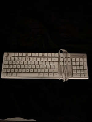 Deltaco Gaming WK75 - Deltaco Gaming WK75 är ett vitt, trådbundet tangentbord med numerisk del och svensk layout. Modellen är GAM-021-RGB-W. Tangentbordet är i begagnat skick med viss smuts och slitage synligt på tangenterna, men fungerar som det ska.
