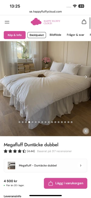 Megafluff Duntäcke dubbel - Lyxigt dubbelt duntäcke från Happy Fluffy Cloud. Täcket är extra fluffigt och ger en mjuk, ombonad känsla i sovrummet. Perfekt för dig som vill ha maximal komfort och värme. Täcket ser nytt och fräscht ut utan synliga defekter eller slitage.