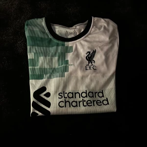 Liverpool Salah bortatröja 22/23 - Liverpool FC bortatröja säsong 22/23 med M. Salah och nummer 11 på ryggen. Tröjan är vit med gröna grafiska mönster, svarta detaljer och tryck. Tillverkad i lätt och ventilerande material, perfekt för match eller supporterliv.