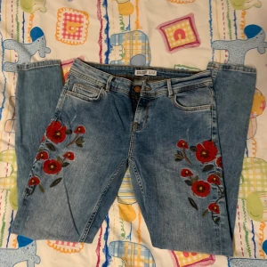Blå jeans med broderade blommor - Snygga blå jeans från Zara med broderade röda blommor på båda benen. Klassisk femficksmodell med dragkedja och knapp. Jeansen har en skinny passform och är perfekta för dig som vill sticka ut med coola detaljer.