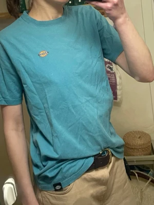 Blå t-shirt från Dickies - Säljer en blå t-shirt från Dickies i storlek small. T-shirten har klassisk passform, rund hals och korta ärmar. Liten Dickies-logga broderad på bröstet och en etikett nertill. Tillverkad i mjuk bomull som är skön att bära. Mest korrekt färgåtergivning på första bilden. 