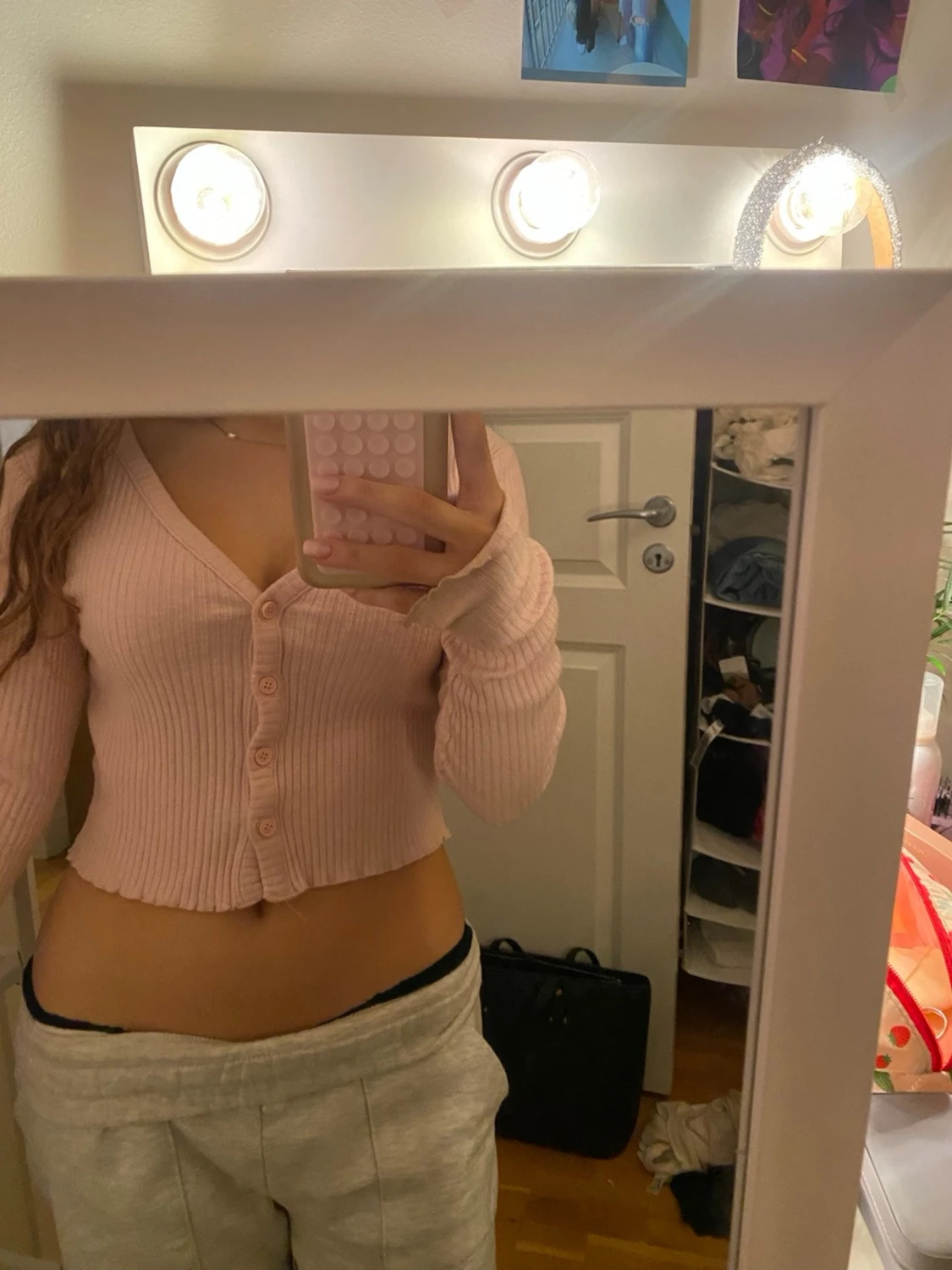 Ljusrosa croppad ribbad kofta