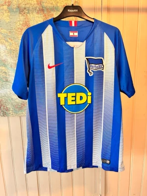 Hertha BSC Nike 2018/19 shirt, size L - Mycket gott skick.  #herthabsc #bundesliga #nike #selke #kalou #ibisevic #vintage  Blåvitrandig fotbollströja med Hertha BSC-märke och sponsorlogotypen ”Tedi” på framsidan. Tröjan har en röd Nike-logga på bröstet och en liten Berlin-flagga under kragen. På baksidan finns en röd och vit detalj vid nacken och en Hyundai-logotyp på ärmen.