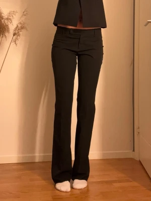 Kostymbyxor - Såå snygga lågmidjade kostymbyxor som tyvärr inte kommer till användning. Byxorna har hällor för bälte samt stängs med knapp och dragkedja. Storlek L passar snarare M. Midjemått ca 39 cm rakt över, grenmått 22 cm och innerbenslängd 90 cm.