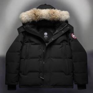 Svart Canada Goose dunjacka med päls - Säljer en svart dunjacka från Canada Goose med fluffig beige päls på huvan. Jackan har en klassisk puffer-look, dragkedja och knappar framtill samt logotyp på ärmen. Perfekt för kalla vinterdagar och har en riktigt schysst oversized vibe.