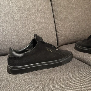 Svarta sneakers från Axel Arigato - Snygga svarta sneakers från Axel Arigato med stilren design. Skorna har en låg profil, rund tå och är tillverkade i mocka med detaljer i skinn. Diskret logga i guld på sidan och svart platt sula. Perfekta för dig som gillar minimalistisk stil.                                   Box, påse och medföljande klistermärken medföljer. Kom gärna med frågor!