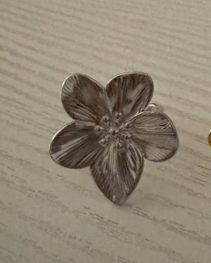 Silverfärgad blomring ( rostfria) - En snygg ring i silverfärg formad som en blomma med fem detaljerade kronblad. Perfekt för dig som gillar naturinspirerade accessoarer och vill sticka ut med något unikt.