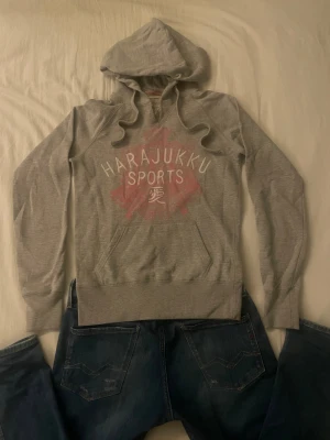 Grå hoodie Harajuku Sports S - Grå hoodie från Harajuku Sports.                  Storlek S men passar mer XS. Då den är liten på mig och är jag är  180cm och 60kg.                   Den är använd men fortfarande i mycket gott skick