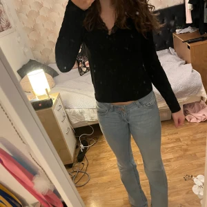 Svart långärmad topp med spets Gina Tricot - Svart långärmad topp från Gina Tricot med v-ringning och snygga spetsdetaljer runt halsen. Säljer billigt pga har klippt lite i v- ringningen.