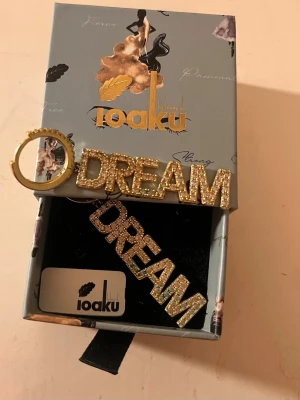Glittriga örhängen från Ioaku💓 - Säljer dessa populära örhängen från Ioaku i guld med texten DREAM, täckt av glittrande stenar. Snygga smycken som passar perfekt till sthlmstil💓Har rostat lite och lådan skickas ej med