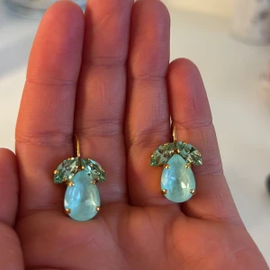 Caroline Svedbom örhängen  - Säljer ett par snygga örhängen från Caroline Svedbom  turkos sten och ljusgröna kristaller upptill. Infattning i guldtonad metall och krok för enkel användning. Perfekt för dig som vill ha något som sticker ut och ger färg till din look.