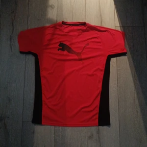 Röd och svart Puma fotbollströja - Snygg röd fotbollströja från Puma med svart puma-logga på bröstet och svarta paneler på sidorna och ryggen. Tillverkad i lätt och ventilerande funktionsmaterial, perfekt för träning eller match. Klassisk passform med rund hals och korta ärmar.