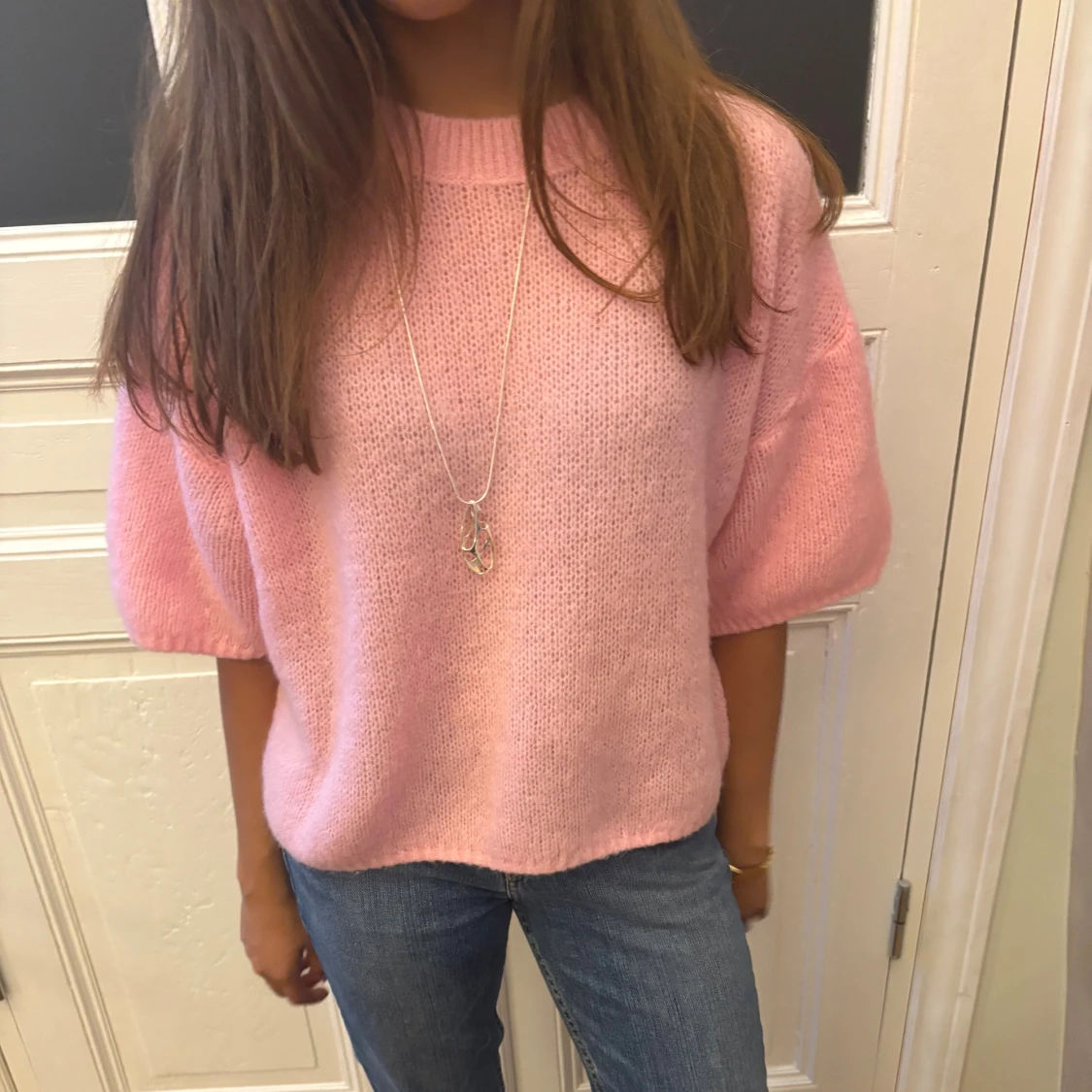 Ljusrosa stickad tröja med puffärm - 2