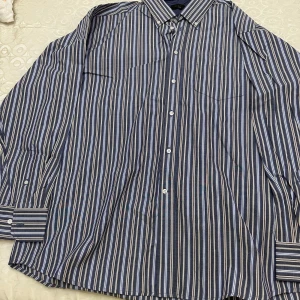 Blåvit randig skjorta med knappar - Snygg skjorta med blå och vita vertikala ränder och klassisk krage. Skjortan har långa ärmar med manschett och knäppning framtill. 