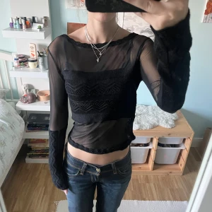 Svart mesh topp från Lucy Collection - Säljer en svart långärmad mesh topp från Lucy Collection. Toppen har stickade detaljer vid ärmar och runt bröstet. Fint skick :)