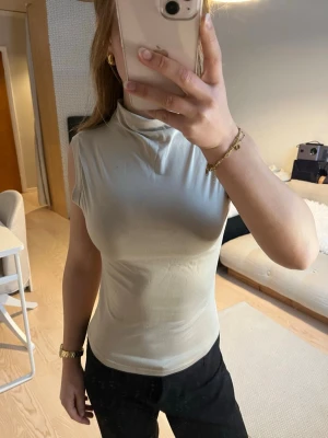 Beige ärmlös polotopp - Säljer en stilren beige polotopp i mjukt och stretchigt material. Toppen är ärmlös och har en hög krage som ger en clean look. 😊