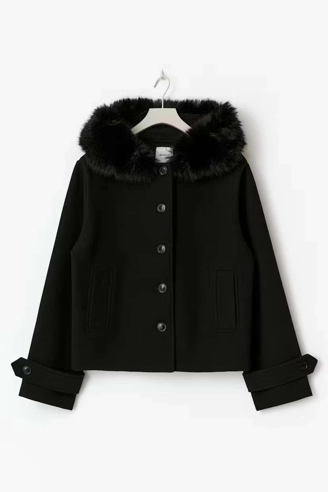 ”y fur felt jacket” Svart kappa med päls på luvan  - 2