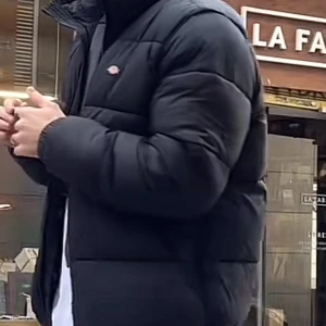 Svart pufferjacka från Dickies - Säljer en svart pufferjacka från Dickies med hög krage och synlig dragkedja framtill. Jackan har ett quiltat mönster och är tillverkad i syntetmaterial. Perfekt för kalla dagar och har en clean, stilren look med diskret logga på bröstet.